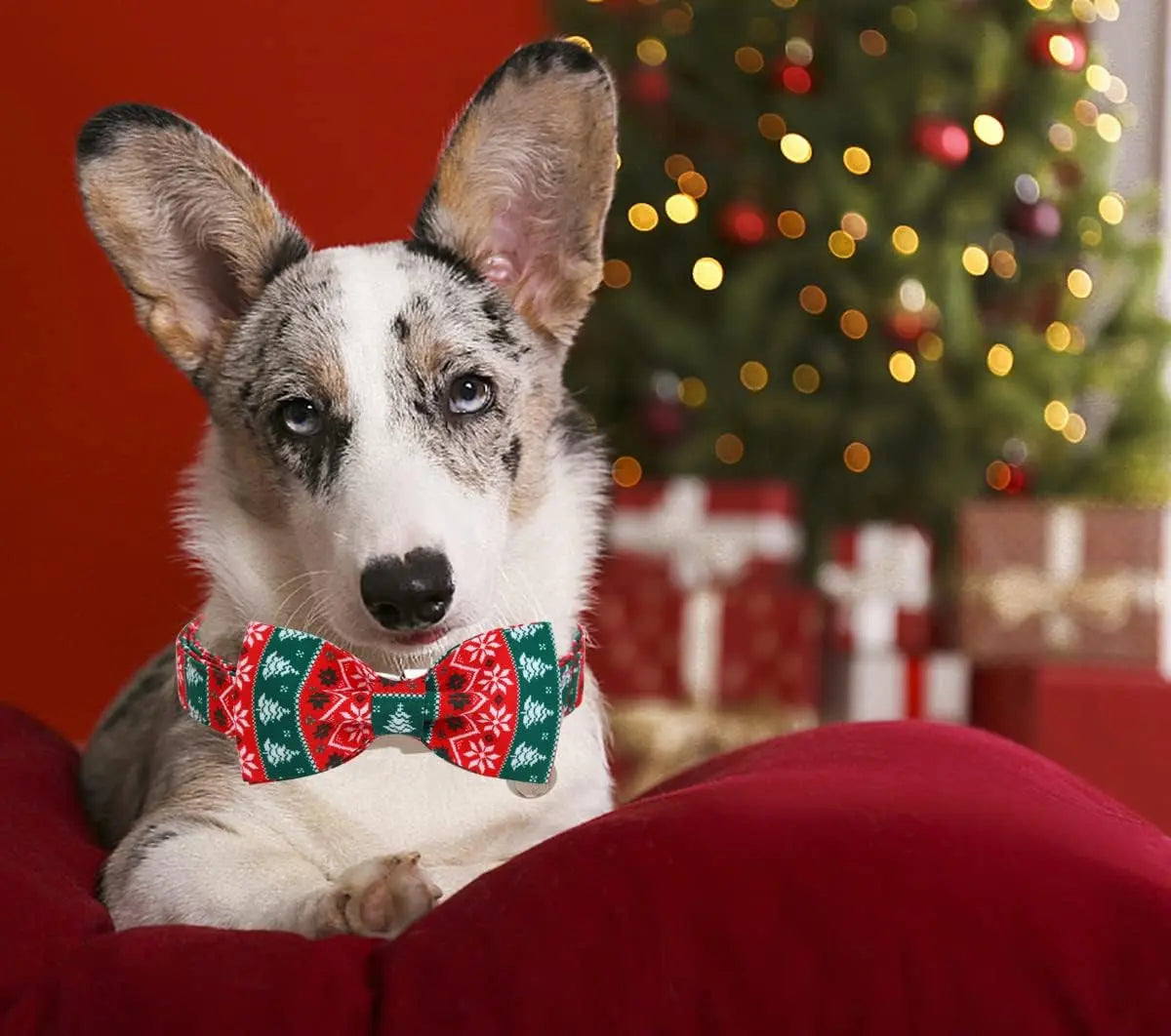 Festive Christmas Dog Collar with Removable Bow Tie - Soft, Durable, and Adjustable Cotton Collar for Small to Large Dogs