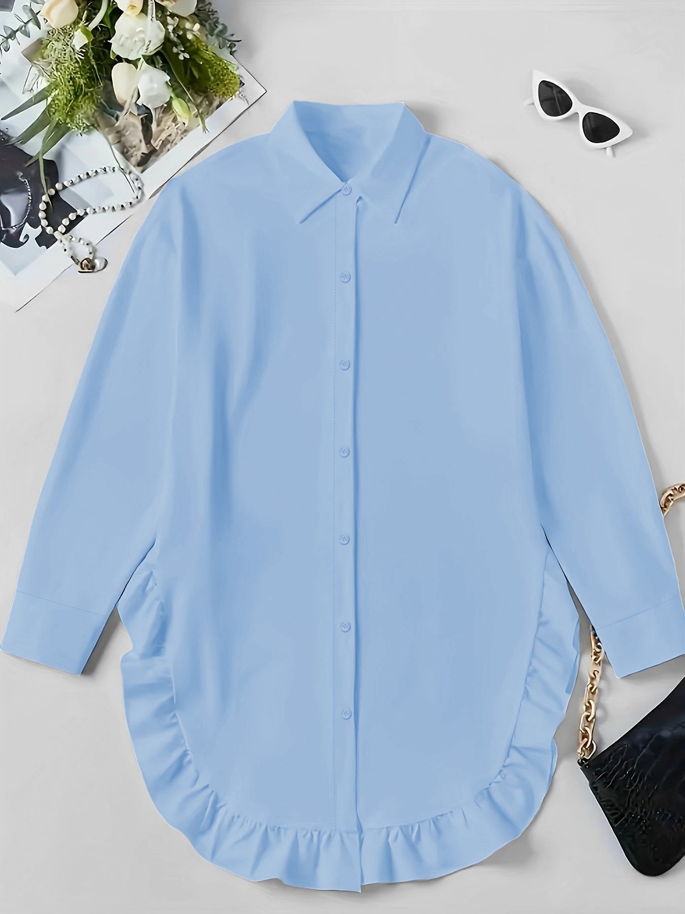 Hem Ruffled Casual Long Sleeve Shirt See size chart under “more details” The Fashion Celestial