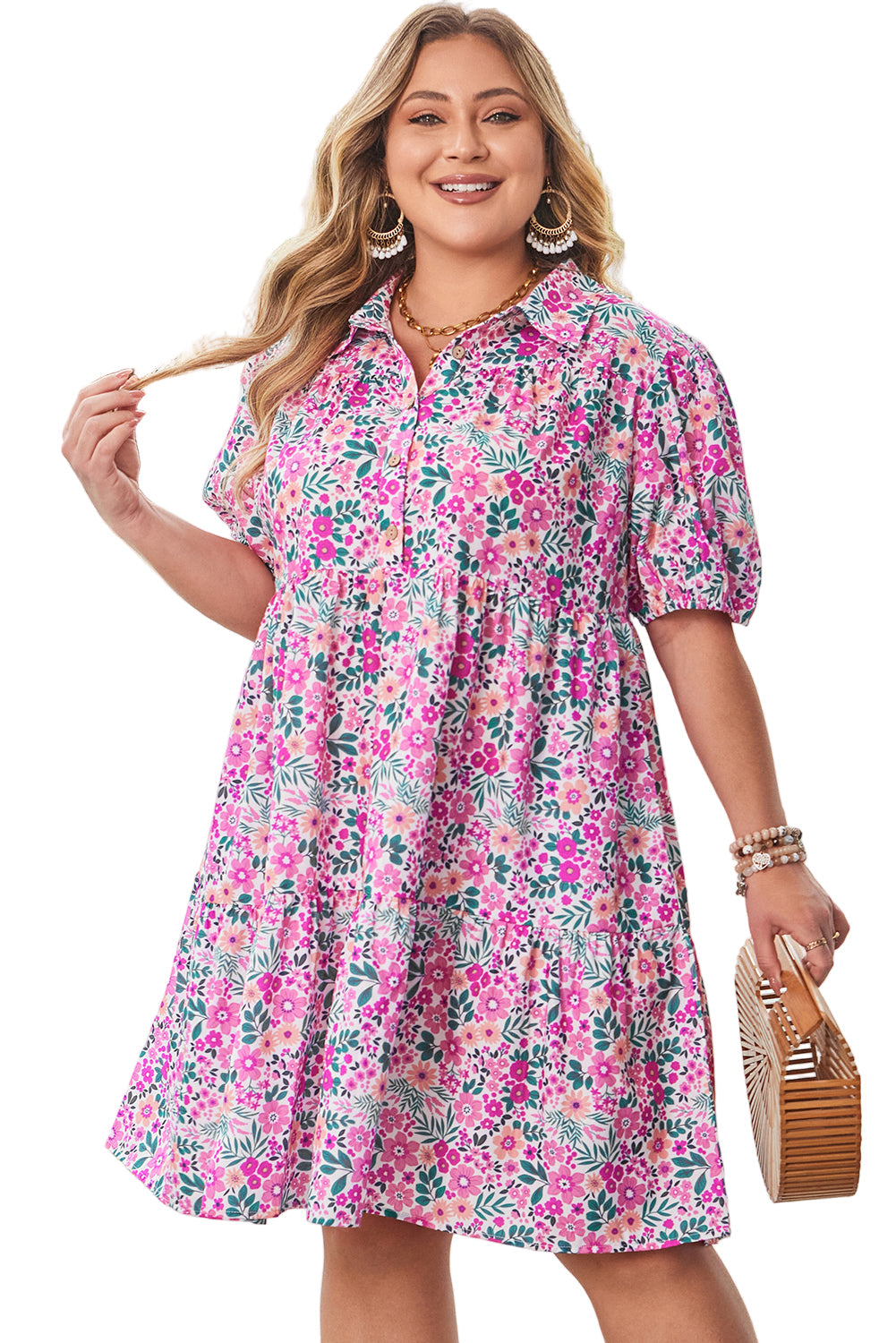 Pink Plus Size Floral Half Button Short Puff Sleeve A-line Dress Garden Naked Curves