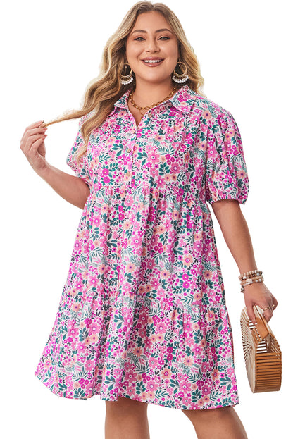 Pink Plus Size Floral Half Button Short Puff Sleeve A-line Dress Garden Naked Curves