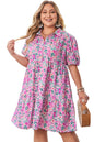 Pink Plus Size Floral Half Button Short Puff Sleeve A-line Dress Garden Naked Curves