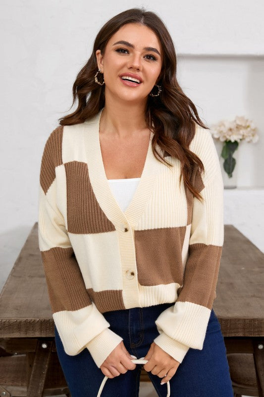 Plus Size Checker Ribbed Knit Buttoned V-Neck Card Shop Style & More | Fresh Looks, Everyday Deals & Free Shipping