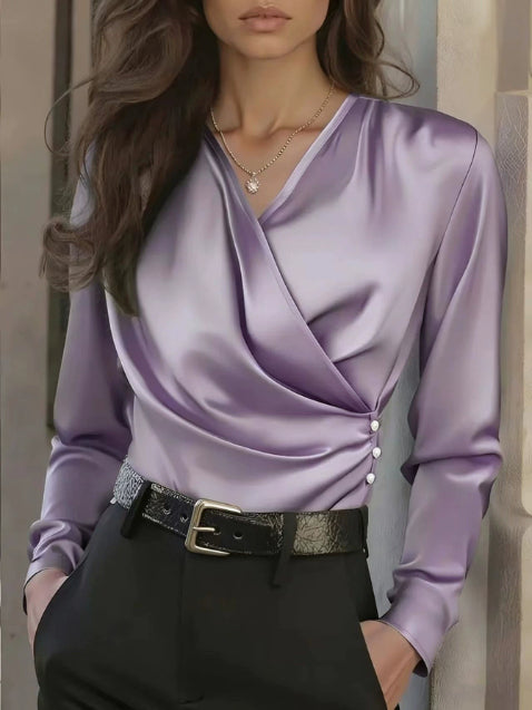 Women's Elegant Cross V-Neck Blouse, Ruffle Detail Button Accent Office Shirt FitiqueFit