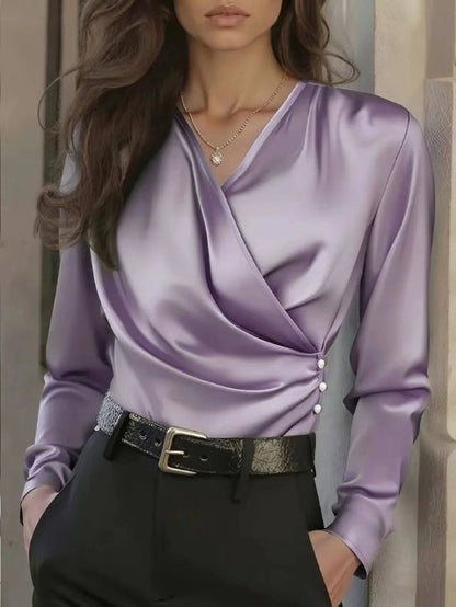 Women's Elegant Cross V-Neck Blouse, Ruffle Detail Button Accent Office Shirt FitiqueFit