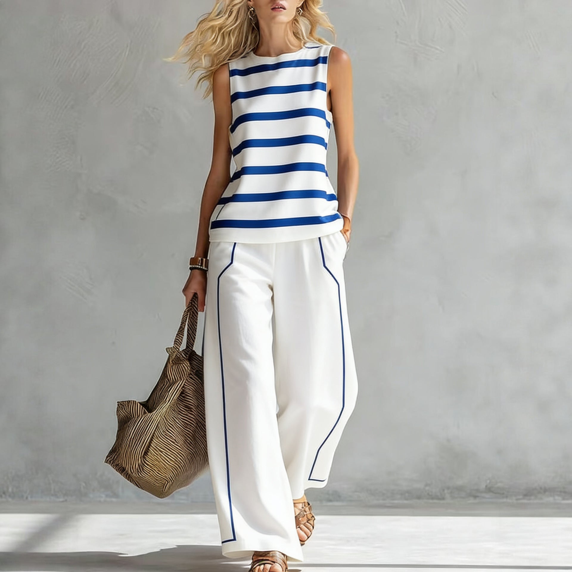 Women's Sleeveless Printed Tank Top & Wide-Leg Pants Two-Piece Set FitiqueFit