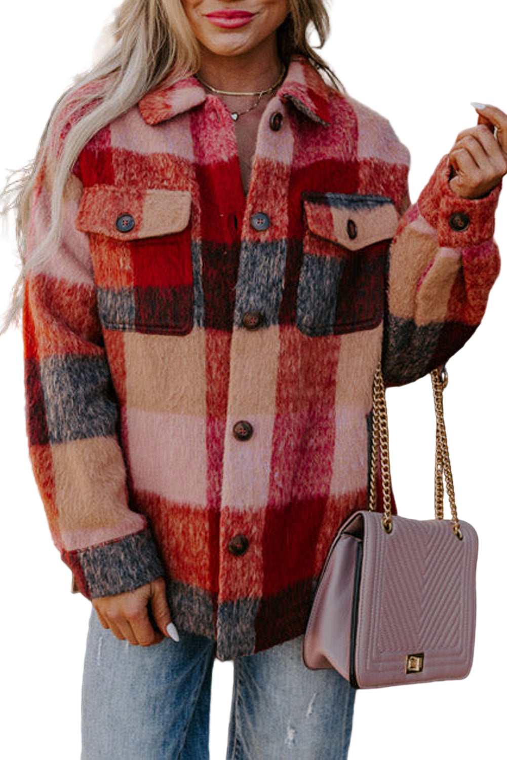 Orange Plaid Print Flap Pockets Buttoned Casual Plus Size Jacket Garden Naked Curves