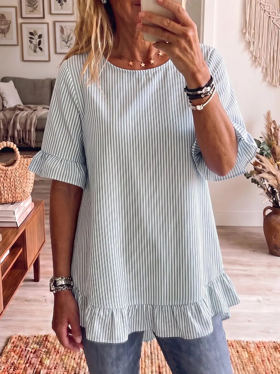 Women's Striped Ruffle-Sleeve Loose-Fit Blouse – Three-Quarter Sleeve FitiqueFit