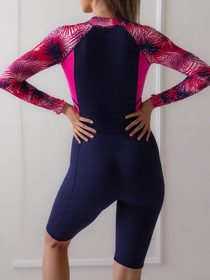 Colorblock Long Sleeves One-Piece Swimsuit Women, Zip Front Rash Guard Round Neck Tummy Control Bathing Suit, Women's Swimwear & Clothing NovaCart