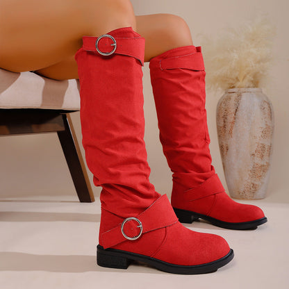 Pleated Flat-Bottom Western Cowboy Boots with Belt Buckle FitiqueFit