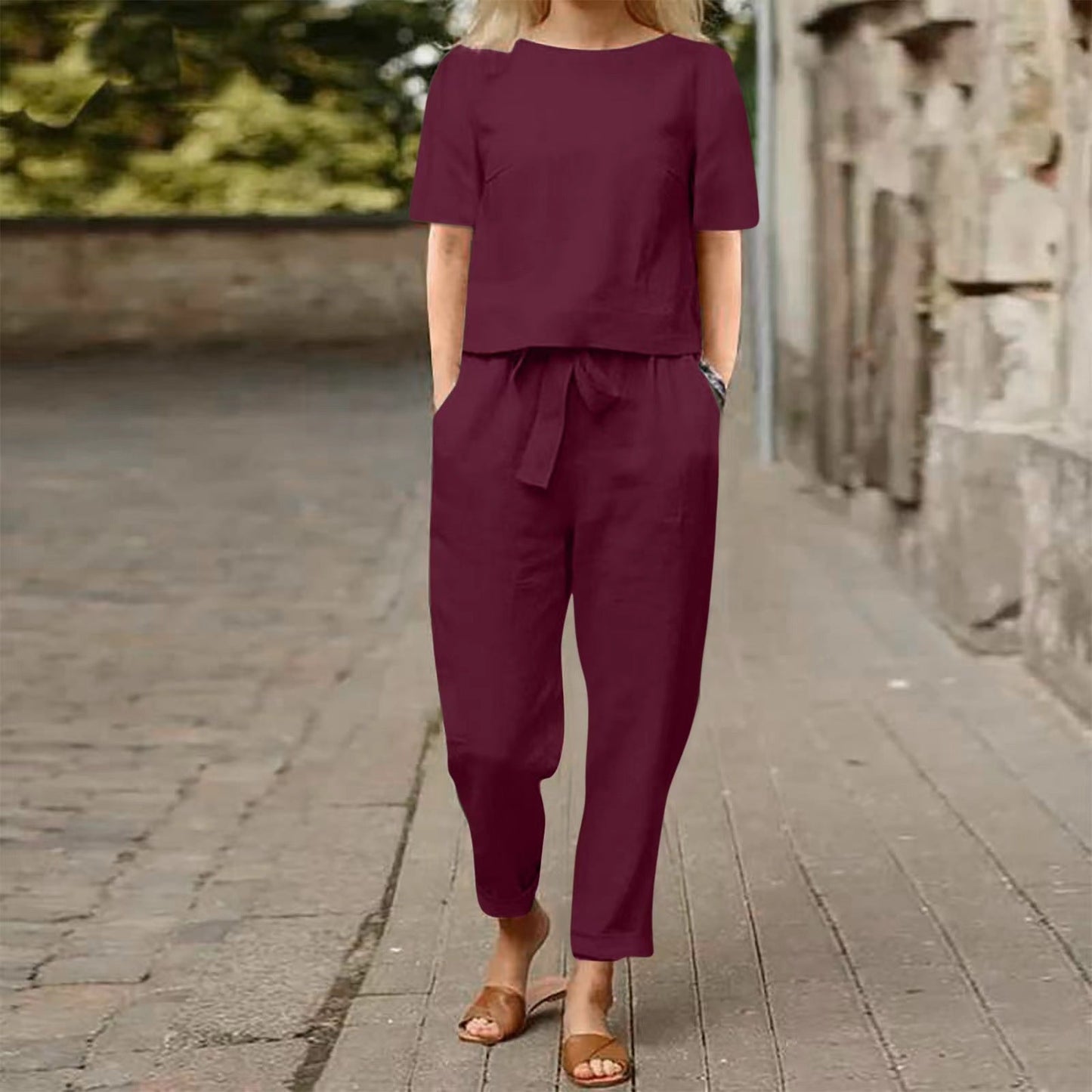 Wide-Leg Pants Two-Piece Set – Solid Color Casual Lounge Suit FitiqueFit