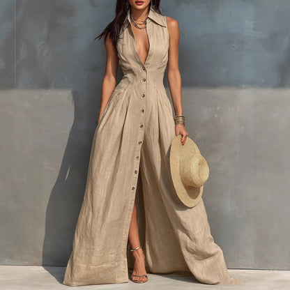 Women's High-Waist Lapel Shirt Maxi Dress – Elegant & Versatile FitiqueFit