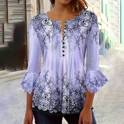 Women’s V-Neck 3/4 Sleeve Button-Front Tunic Blouse FitiqueFit