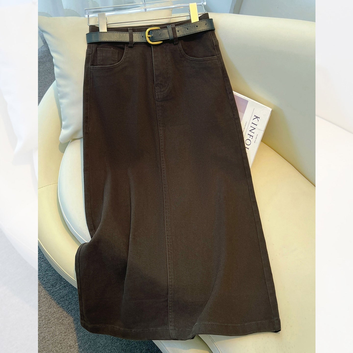 Brown A- Line Straight Skirt Retro Slit Hip Skirt Grayceful LLC