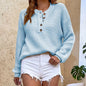 Solid Button Pullover Women's Round Neck Sweater