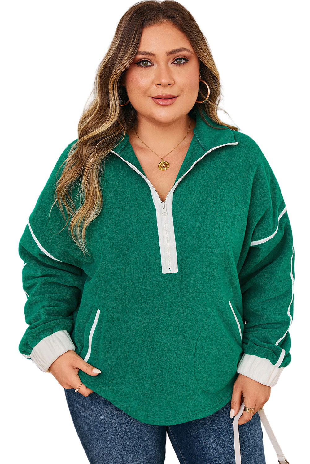 Dark Green Half Zip Contrast Trim Pocketed Plus Size Fleece Sweatshirt Garden Naked Curves