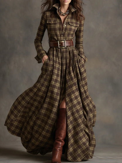 Women's Plus Size Plaid Print Long Sleeve Shirt Dress with Pockets FitiqueFit