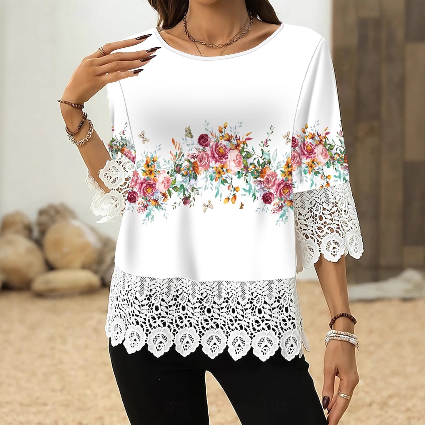 Printed Patchwork Three-Quarter Sleeve Top – Women's Loose Fit Pullover FitiqueFit