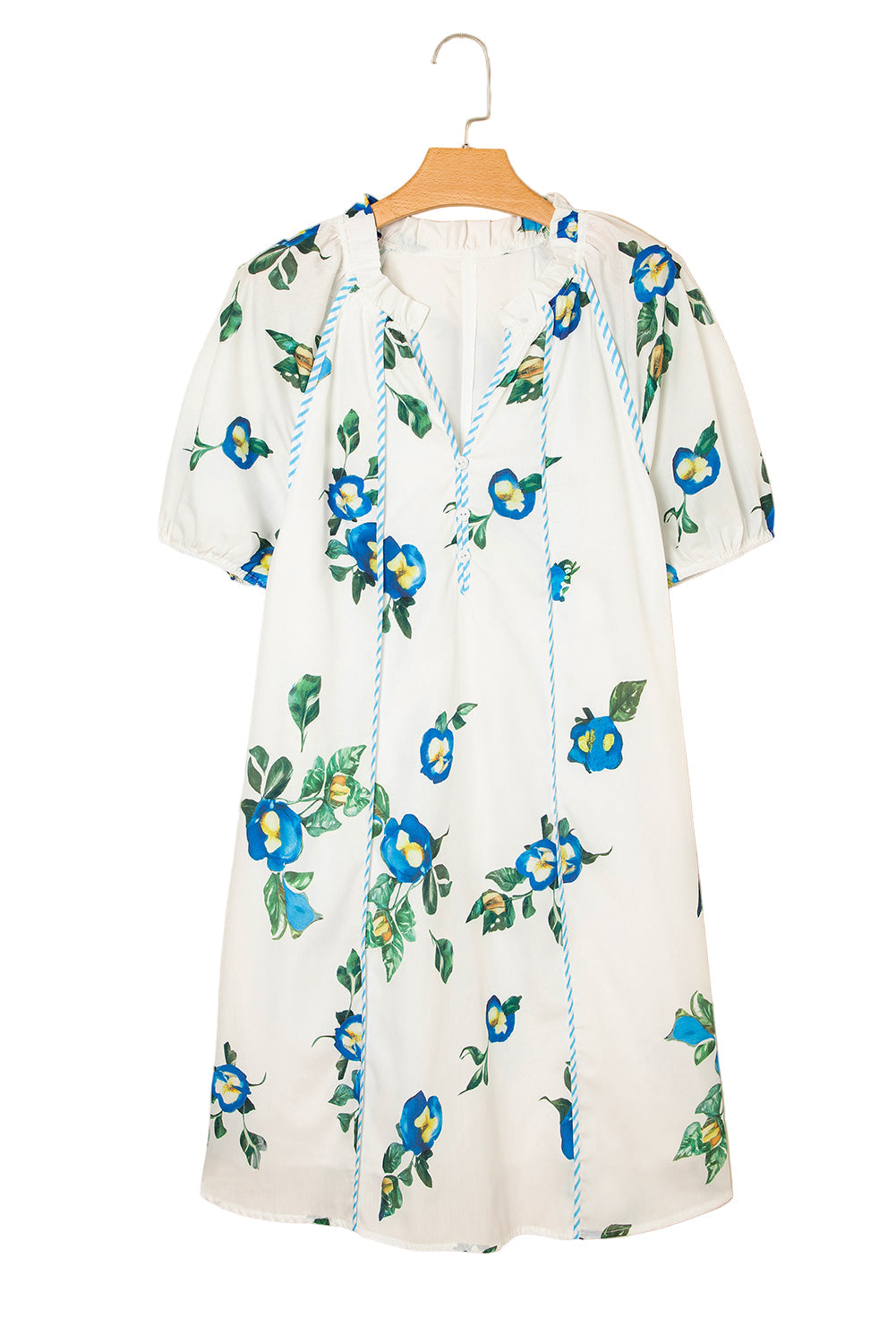 White Plus Size Floral Short Puff Sleeve Contrast Tie V Neck Dress Garden Naked Curves