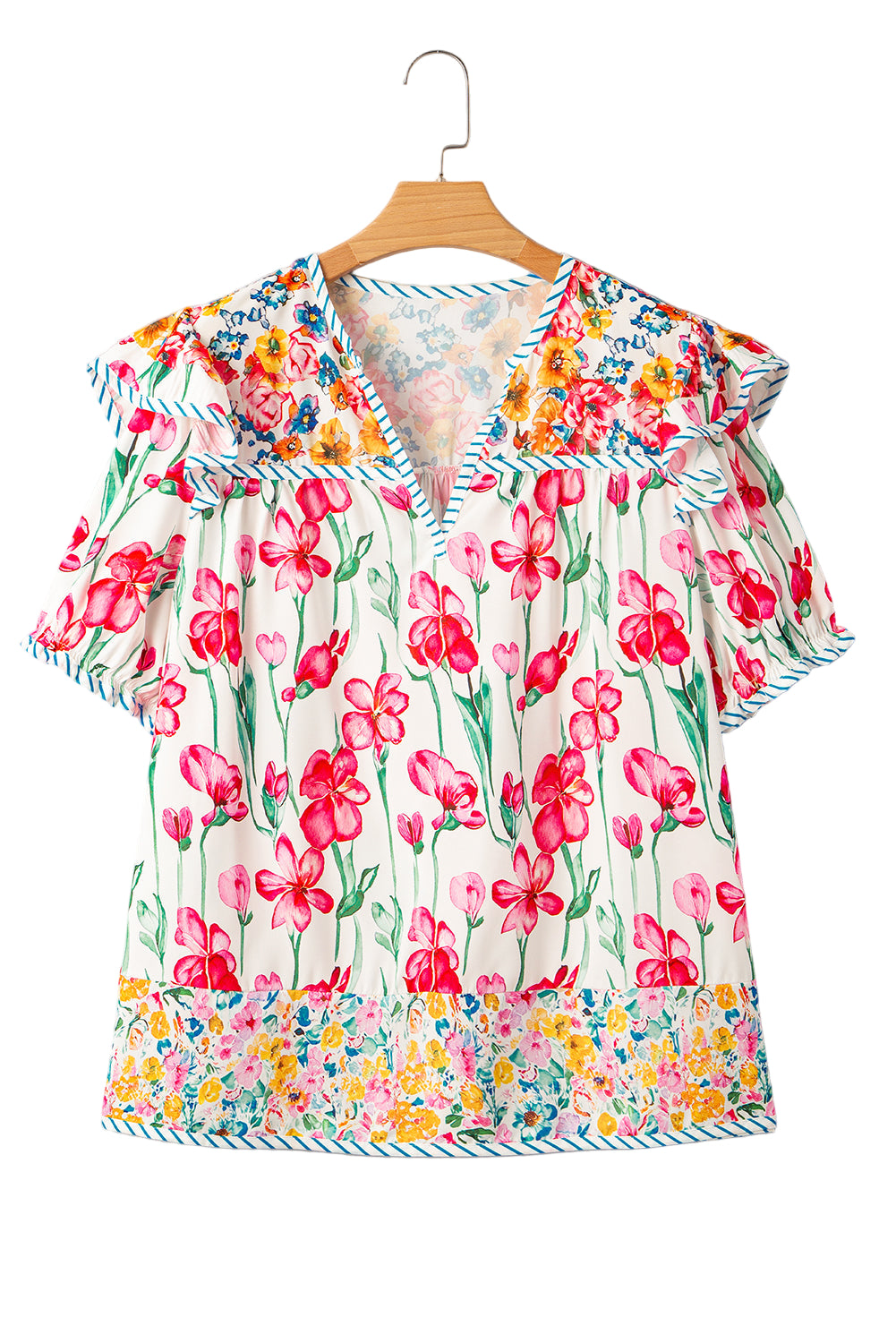 Pink Plus Size Floral Print Striped Trim V Neck Blouse Garden Naked Curves
