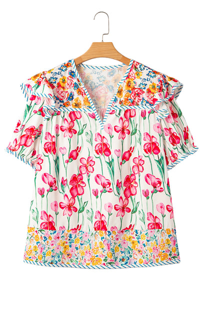 Pink Plus Size Floral Print Striped Trim V Neck Blouse Garden Naked Curves