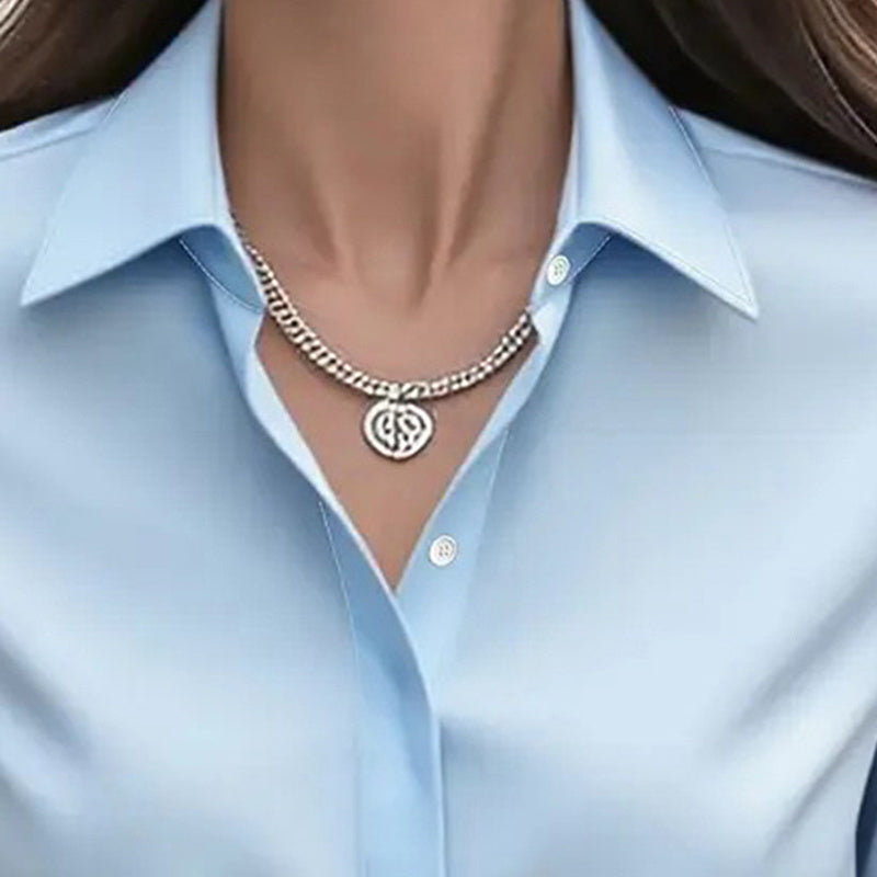 Loose Fit Satin Blouse — V-Neck Long Sleeve Tunic Top for Office & Casual Wear FitiqueFit