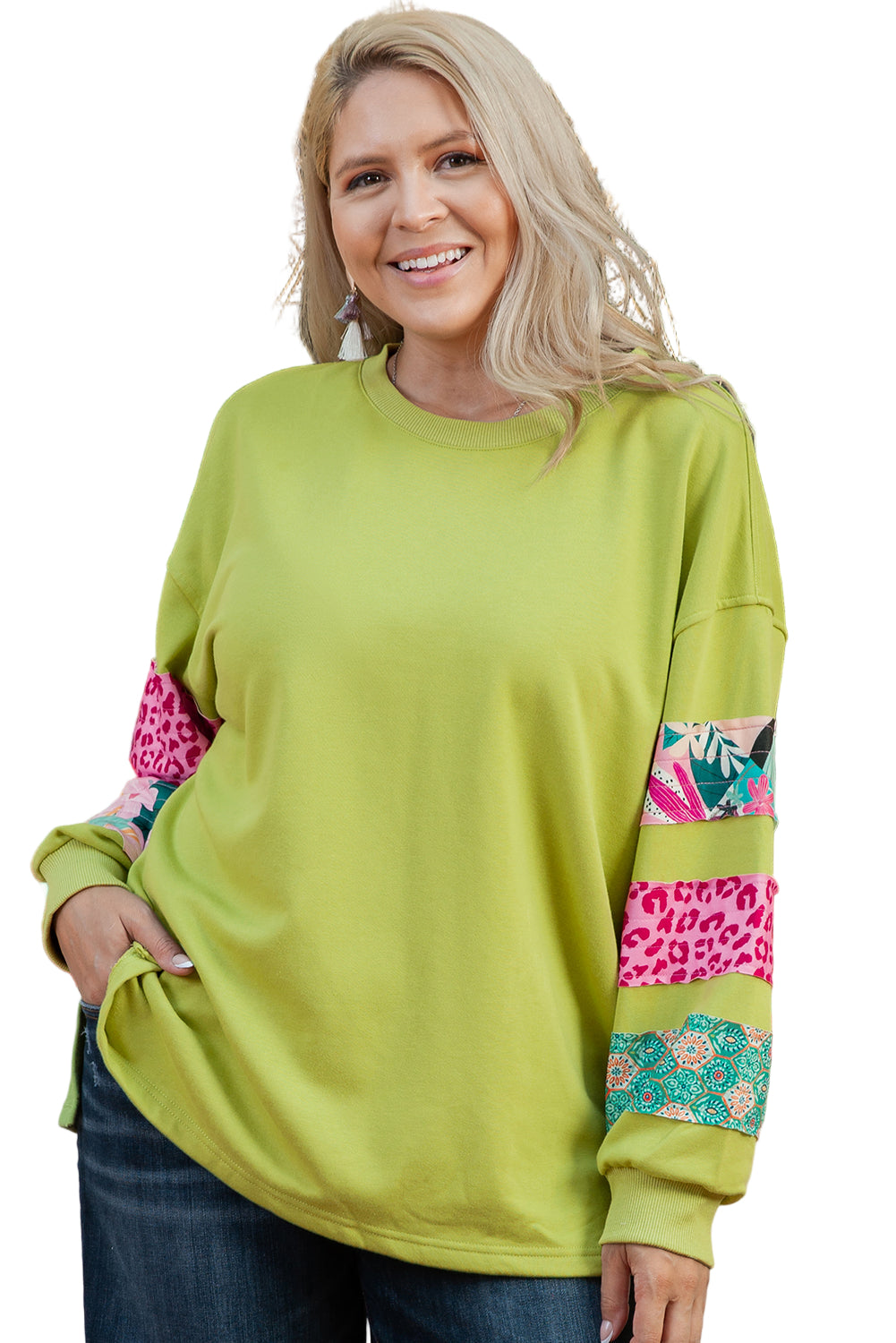 Green Plus Size Printed Patchwork Sleeve Split Sweatshirt Garden Naked Curves