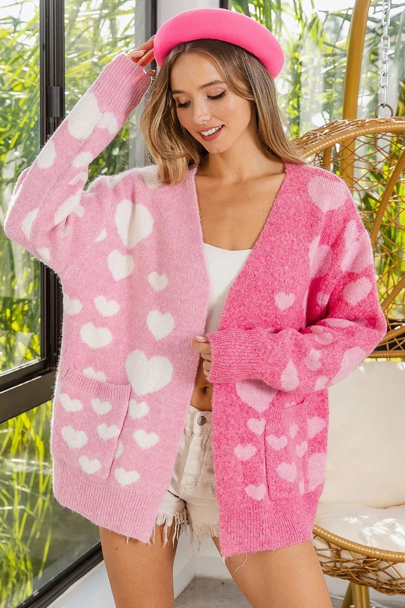BiBi Heart Color Block V-Beck Knit Cardigan with Pockets FitiqueFit