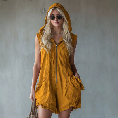 Women's Retro Hooded Zip-Up Sleeveless Cropped Jumpsuit FitiqueFit