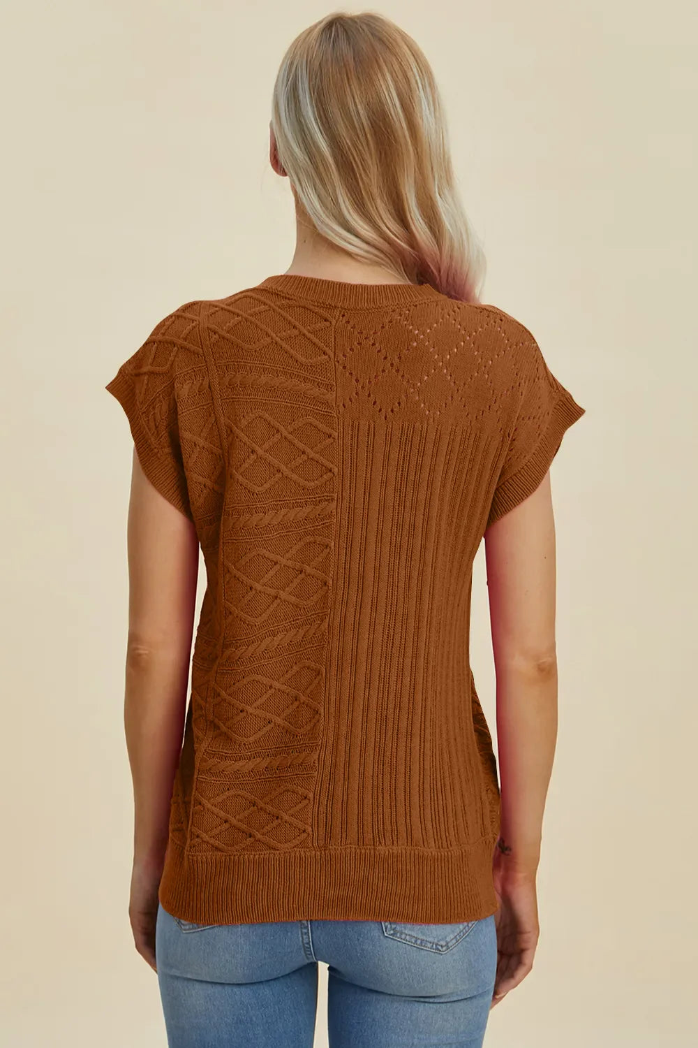 Double Take Full Size Cable-Knit Round Neck Cap Sleeve Sweater New Era Fashion LLc