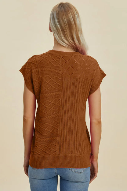 Double Take Full Size Cable-Knit Round Neck Cap Sleeve Sweater New Era Fashion LLc