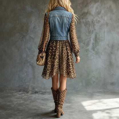 Women's Denim-Look Chiffon Patchwork Long Sleeve Maxi Dress FitiqueFit