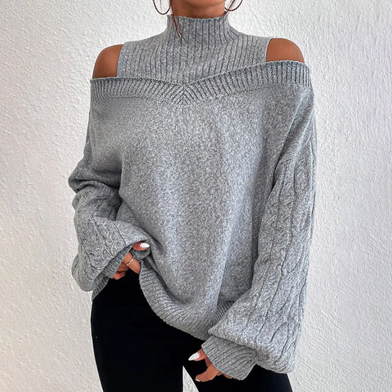 Women's Cold Shoulder Sweater - High Neck Cut Out Pullover Long Sleeve FitiqueFit