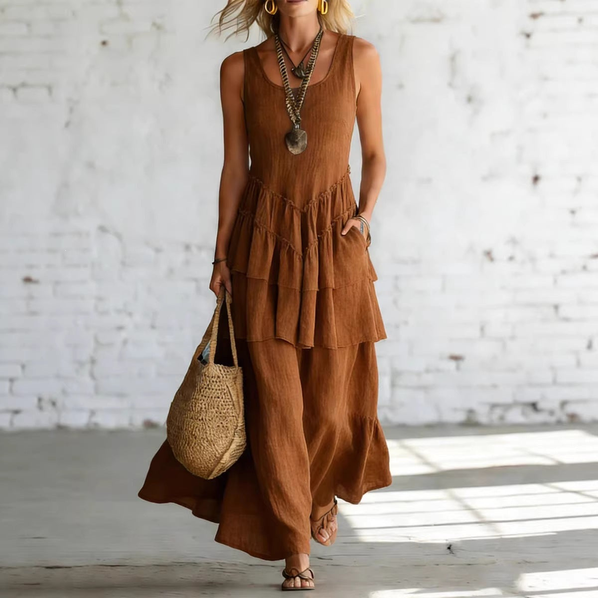 Women's Cotton Linen Sleeveless Loose Maxi Dress FitiqueFit