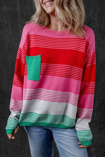 Striped Knit Patch Pocket Drop Shoulder Sweater Shop Style & More | Fresh Looks, Everyday Deals & Free Shipping