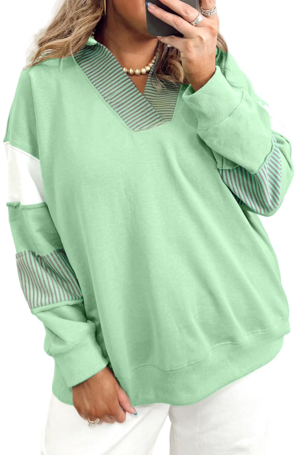 Moonlight Jade Colorblock Striped Patchwork Collar V Neck Plus Size Sweatshirt Garden Naked Curves