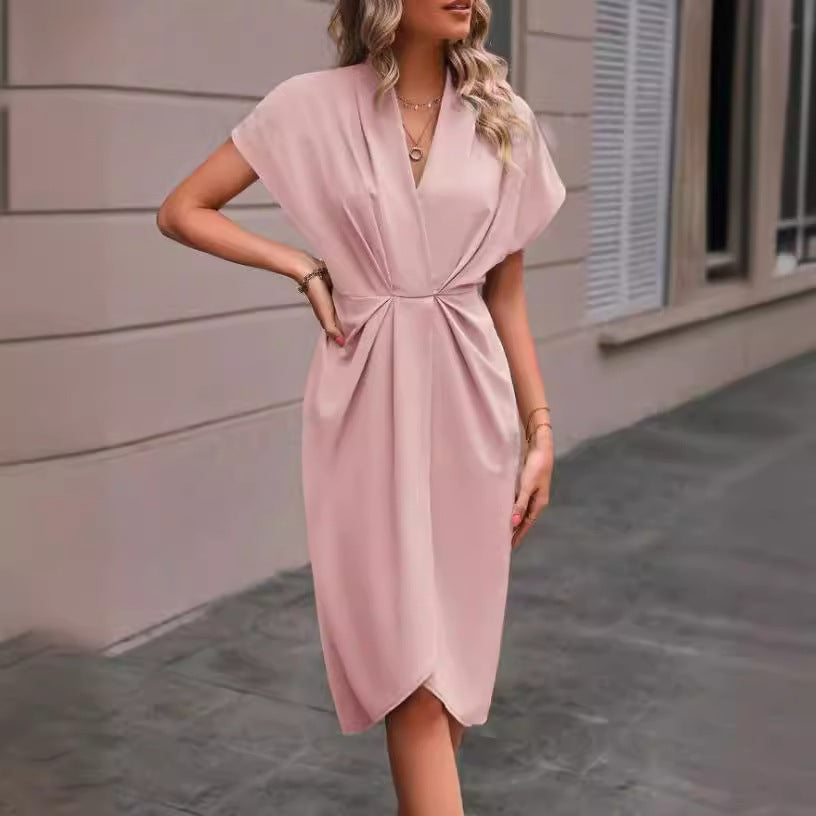 Batwing Sleeve Dress V-neck Short Sleeve Pleated Dresses Grayceful LLC