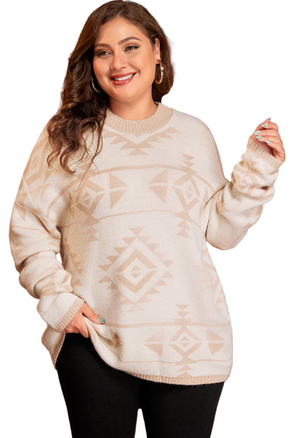 Apricot Plus Size Western Aztec Print Loose Sweater Garden Naked Curves
