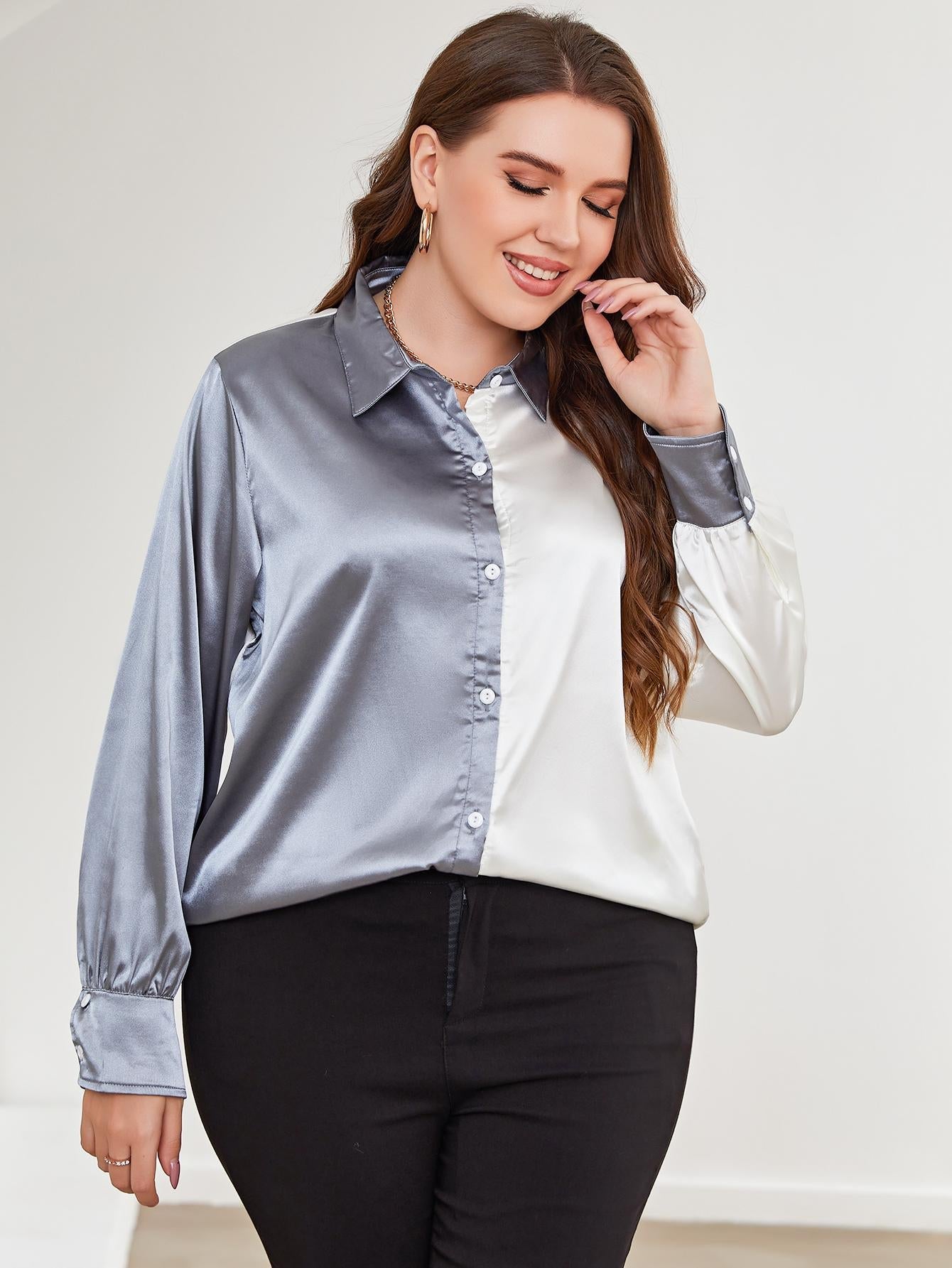 Plus Size Two-Tone Long Sleeve Shirt See size chart under “more details” The Fashion Celestial