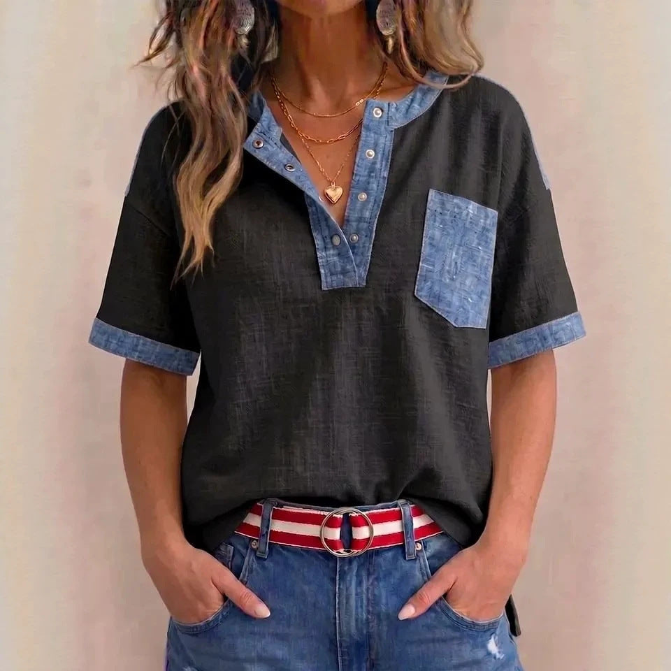 Women's Casual Loose-Fit Color-Block Patchwork Short-Sleeve Top FitiqueFit