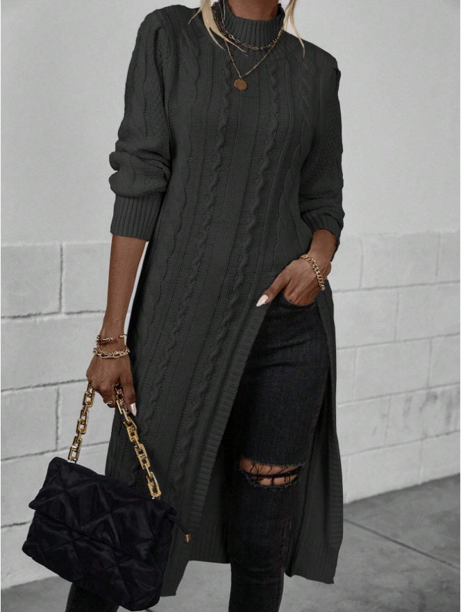 Women Crew Neck Long Sleeve Split Hem Minimalist Sweater Grayceful LLC