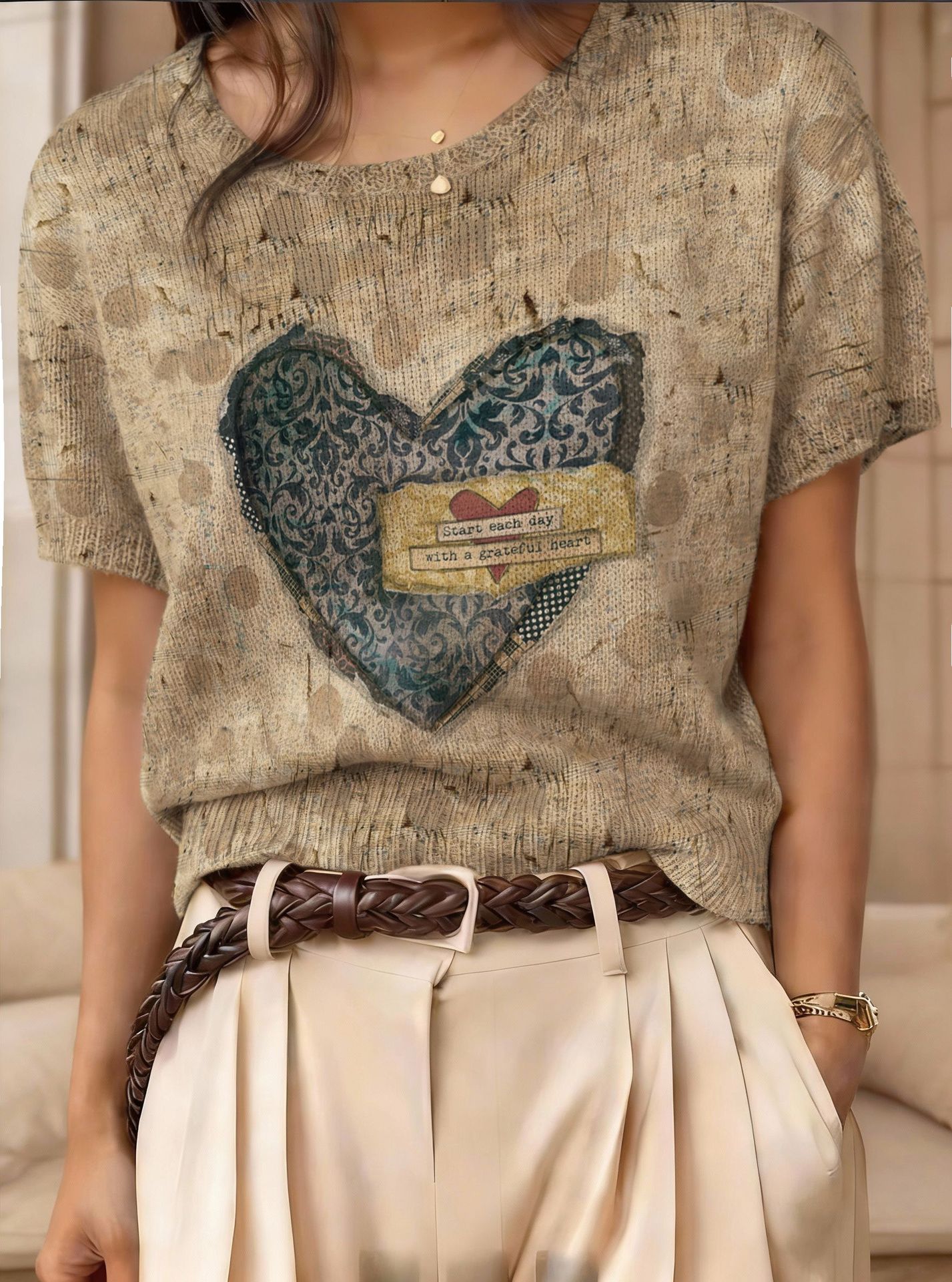 Women's Retro Short-Sleeve Jacquard Knit Top FitiqueFit