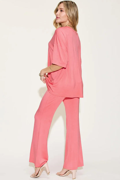Basic Bae Full Size Bamboo Drop Shoulder T-Shirt and Flare Pants Set New Era Fashion LLc