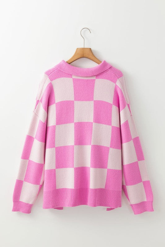 Checker Half Buttoned Collar Drop Shoulder Sweater Shop Style & More | Fresh Looks, Everyday Deals & Free Shipping