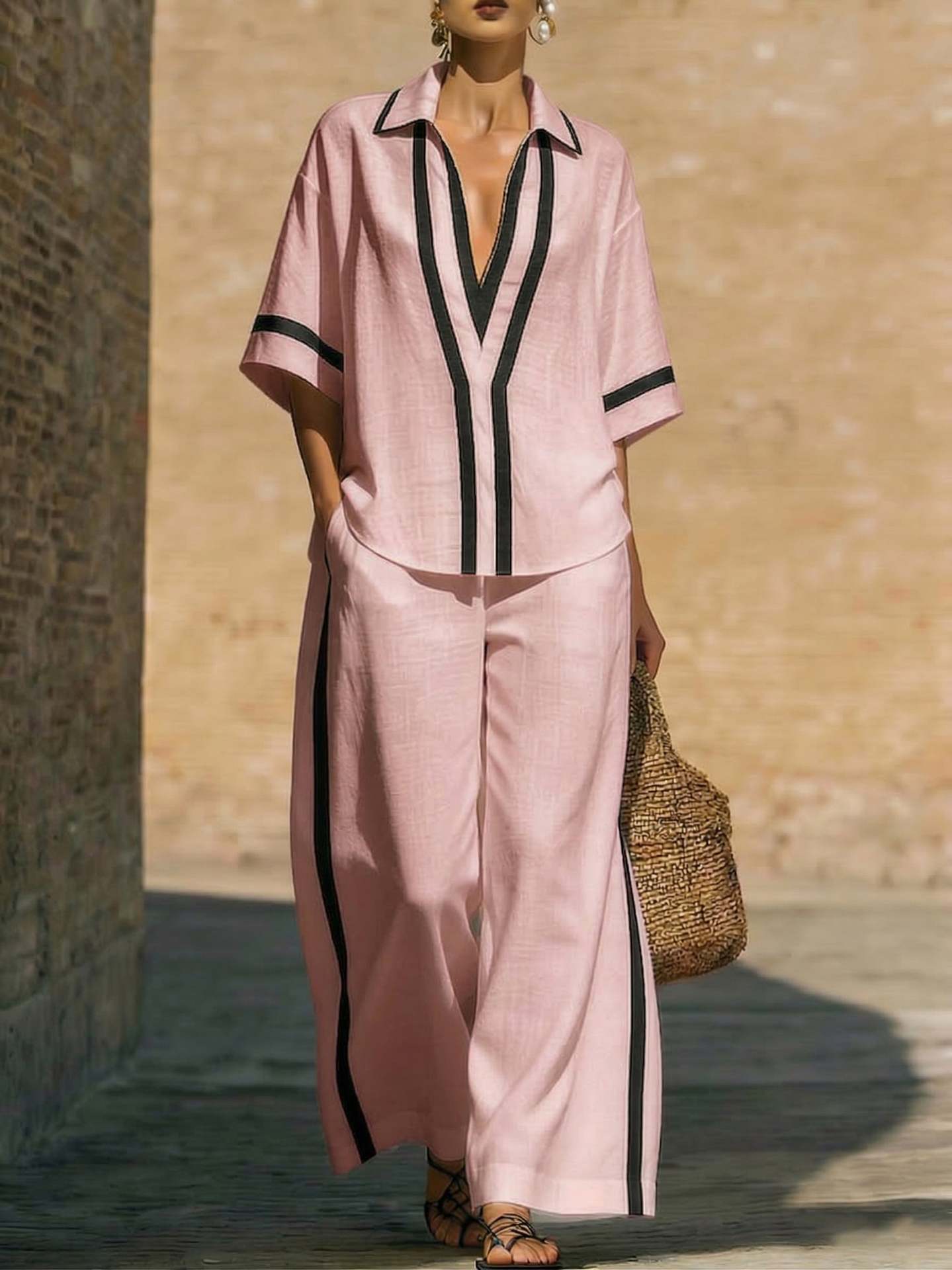 Women’s Color Block Shirt and Wide-Leg Pants Set FitiqueFit