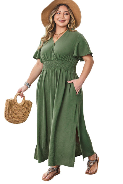 Four Leaf Clover Surplice Neckline Shirred High Waist Plus Size Maxi Dress Garden Naked Curves