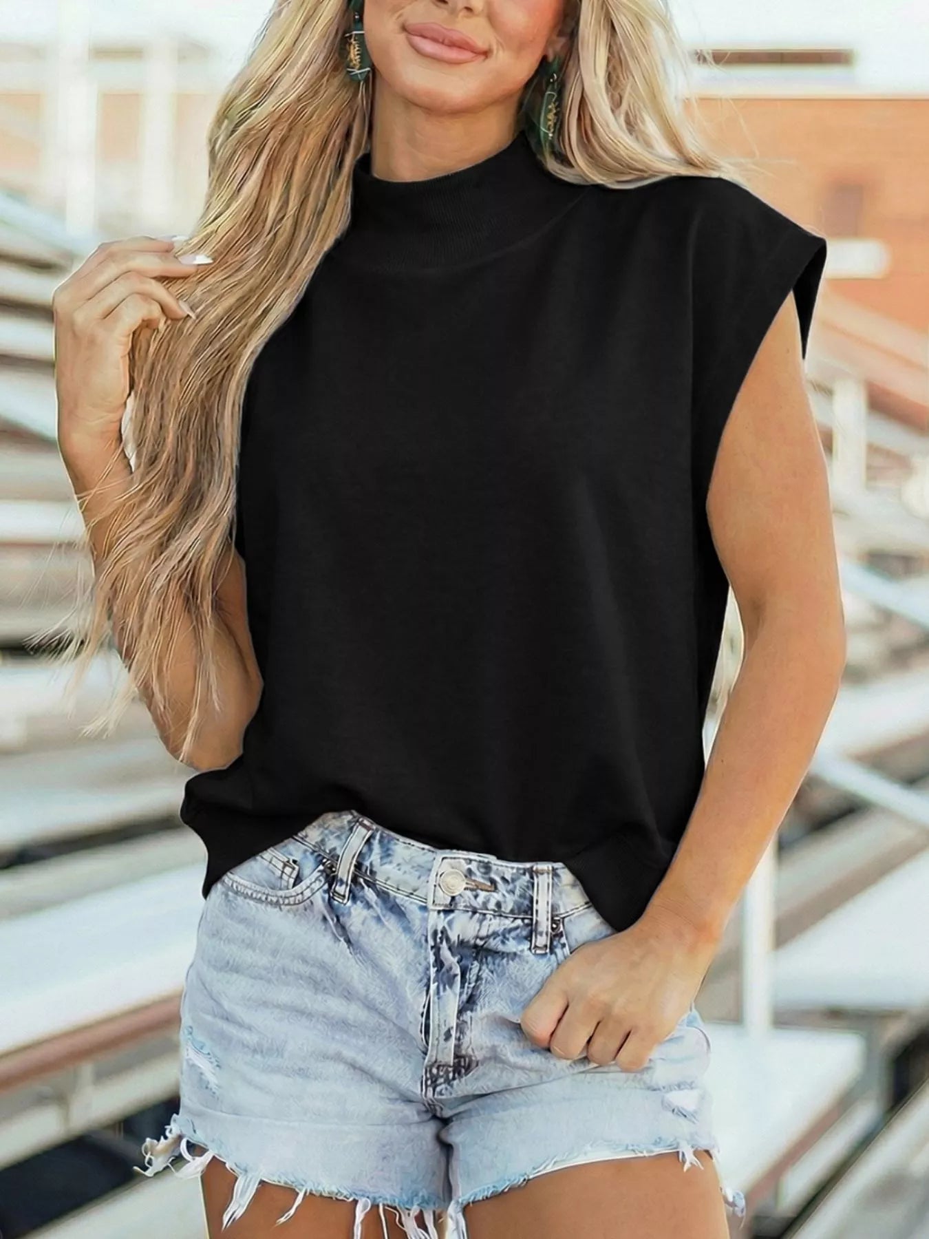Mock Neck Cap Sleeve Blouse New Era Fashion LLc
