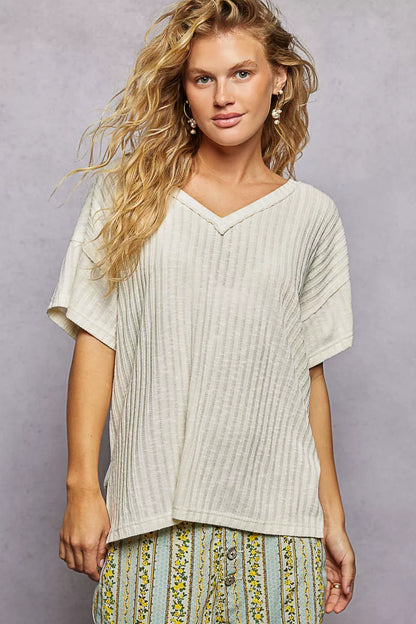 POL Ribbed Knit V-Neck Short Sleeve T-Shirt with Side Slit Montret
