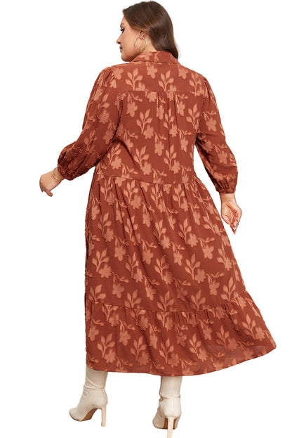 Cinnamon Plus Size Textured 3D Flower Pattern Ruffle Hem 3/4 Sleeve Long Dress Garden Naked Curves