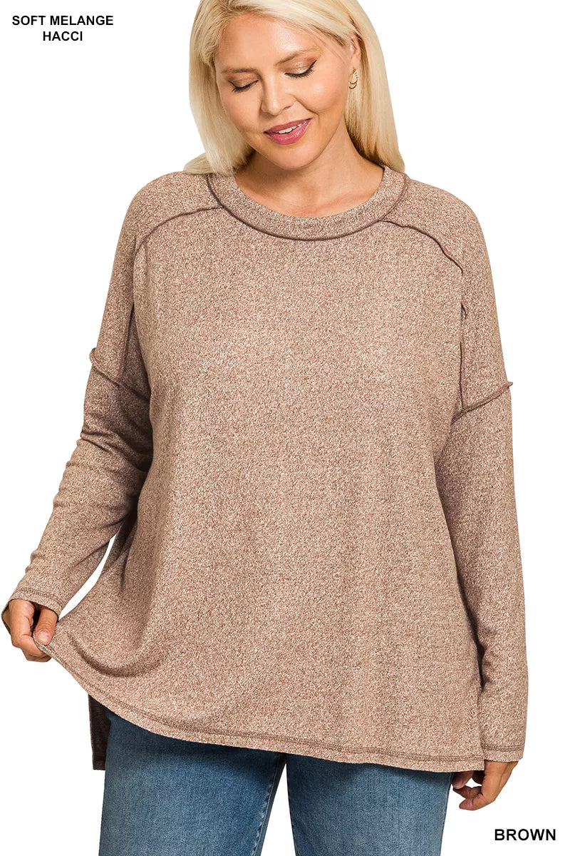 Zenana Full Size Melange Hacci Exposed Seam Hi-low Tee Plus Size Garden Naked Curves