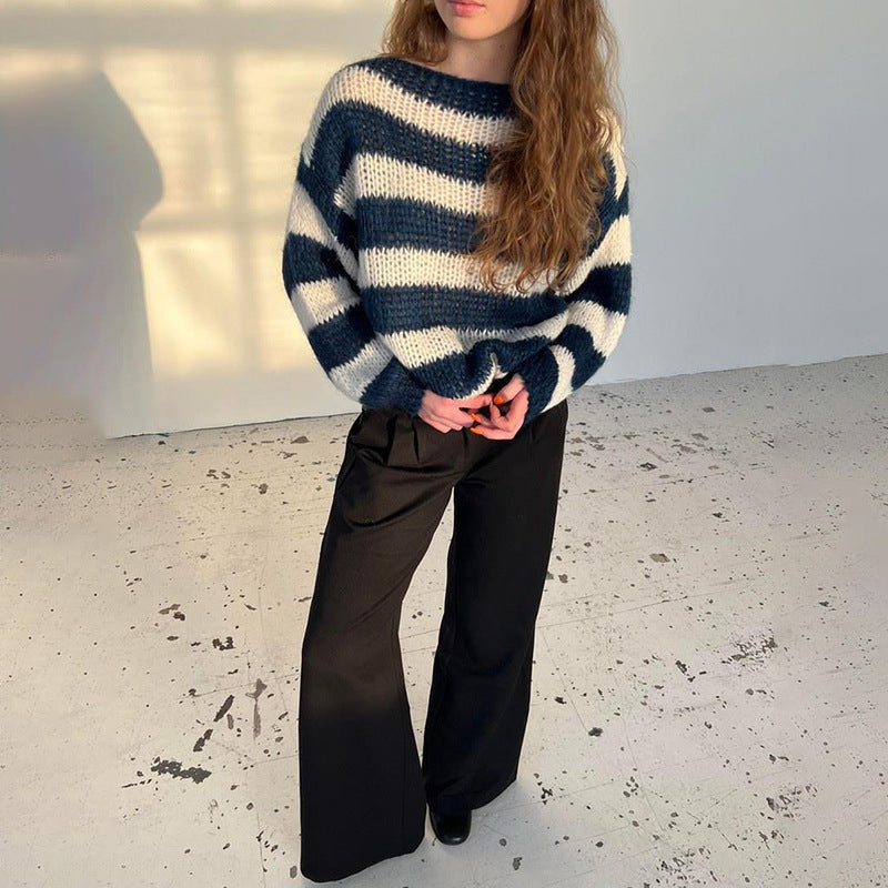 Loose Striped Pullover Sweater Fashion Versatile Long-sleeved Knitted Tops For Women Clothing See size chart under “more details” The Fashion Celestial